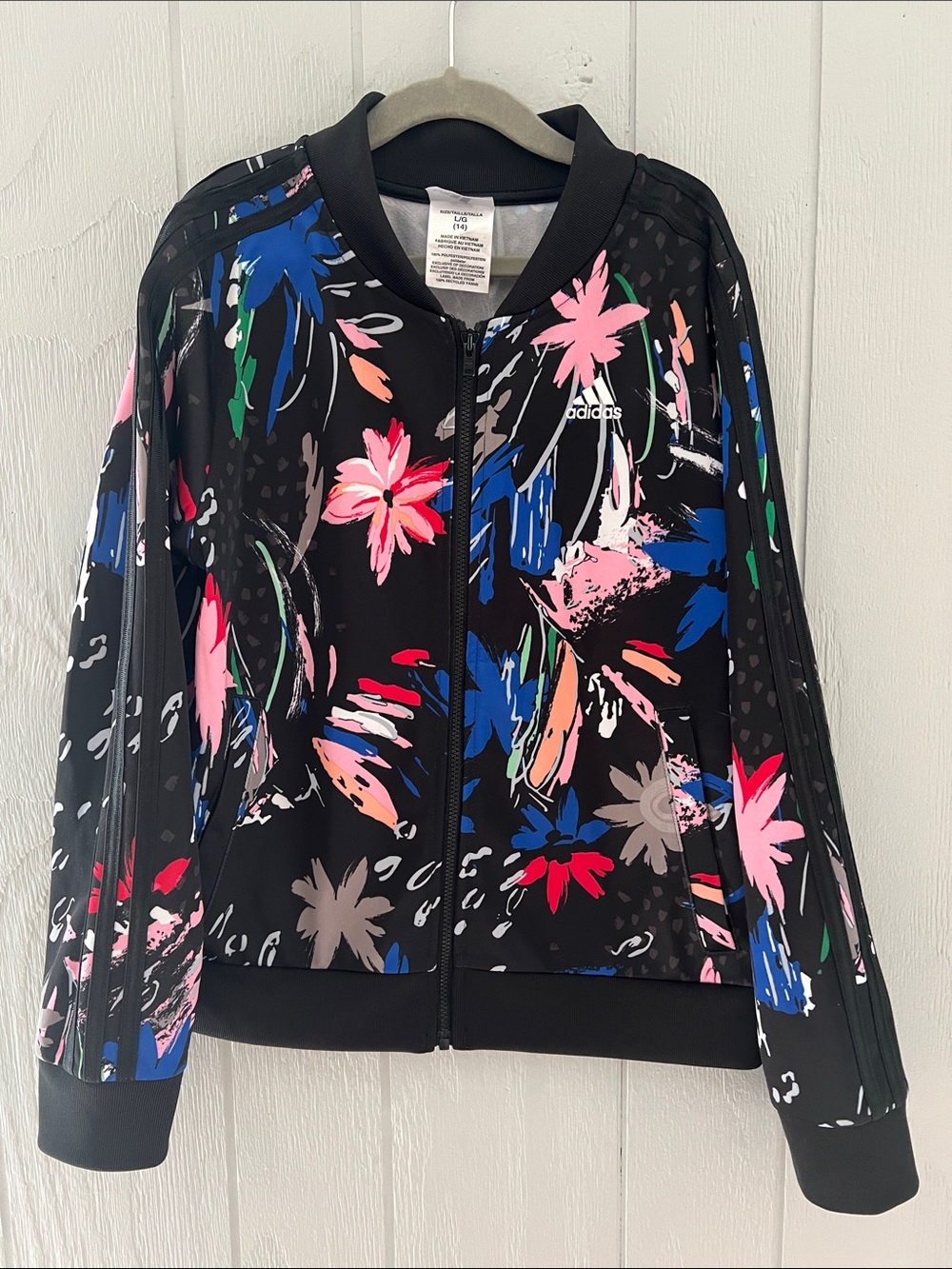 Adidas Girls  14 Black Floral Tricot Bomber Track Jacket